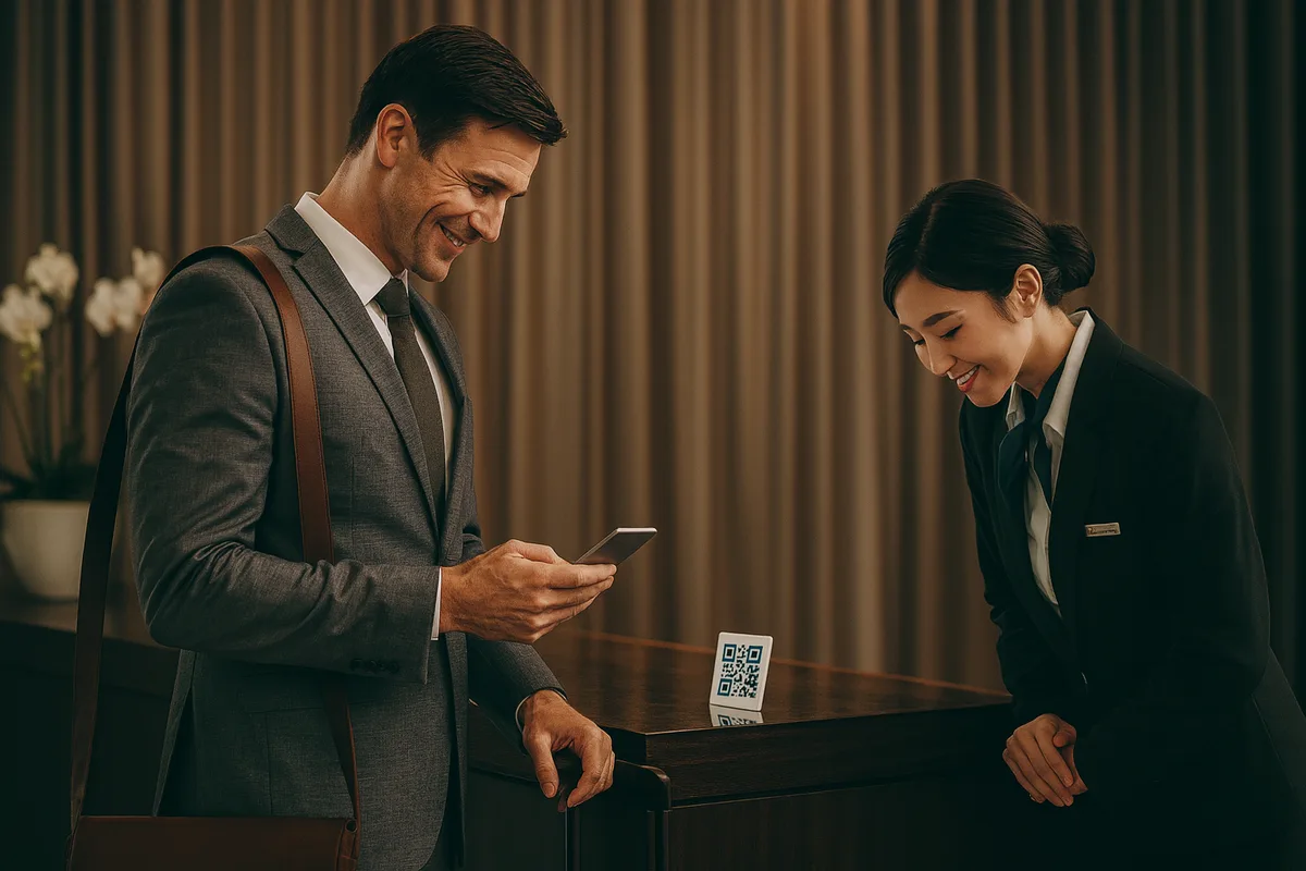 A guest using a phone while being welcomed at a hotel reception