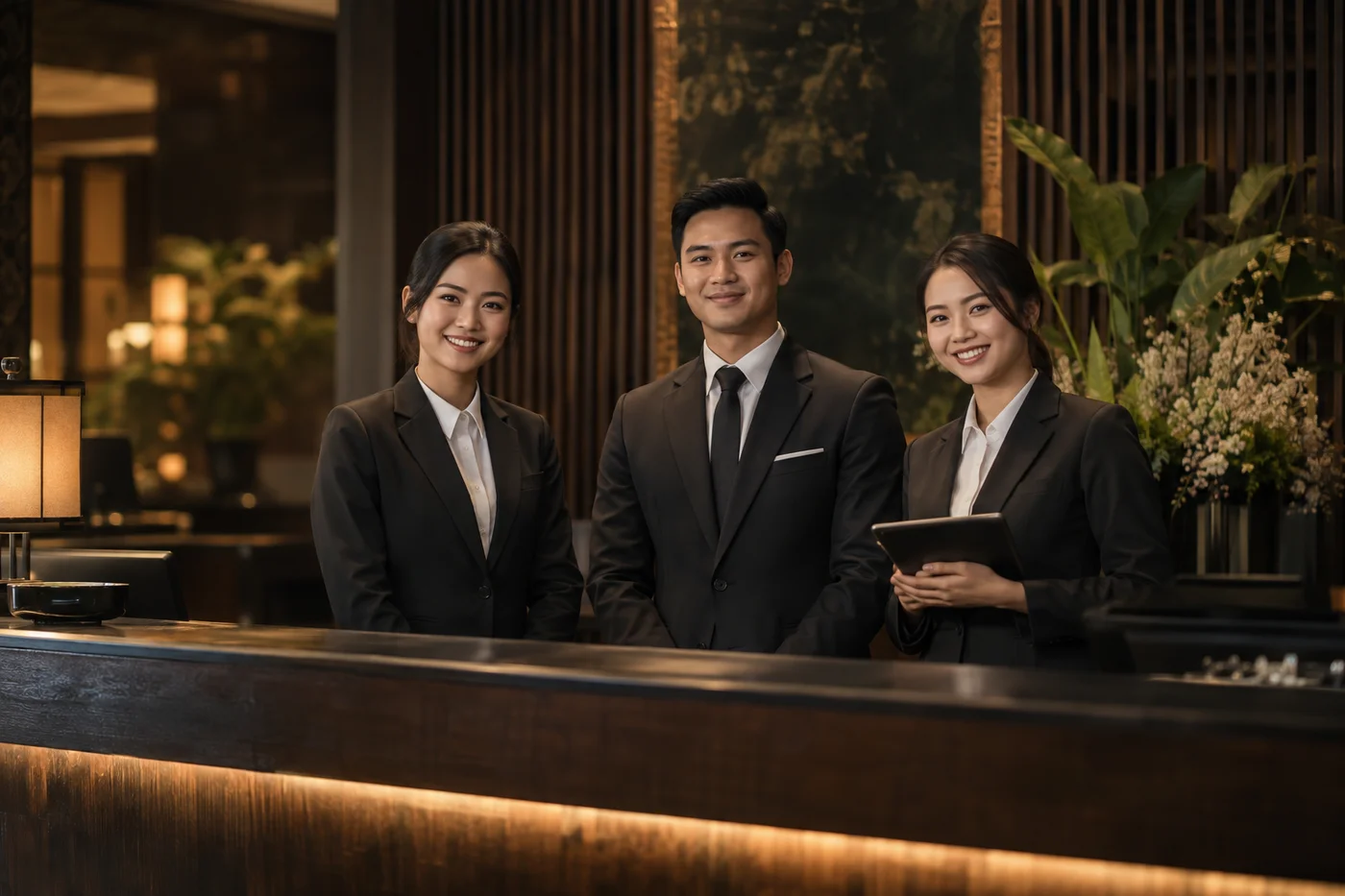 An illustrative team of hotel receptionists ready to welcome guests