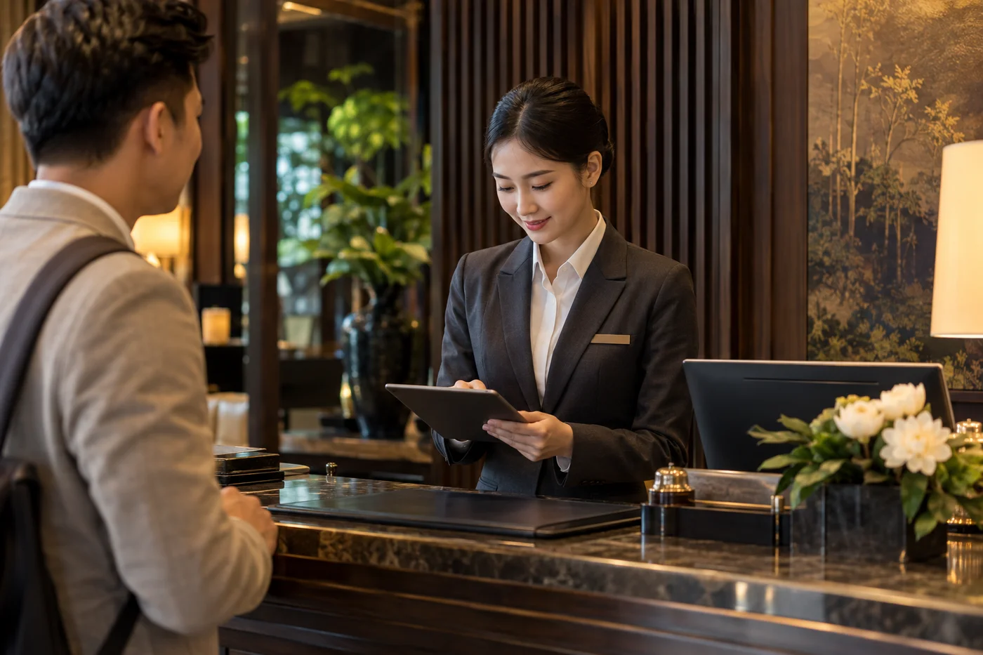 A front-office professional reviewing arrival information at a hotel reception