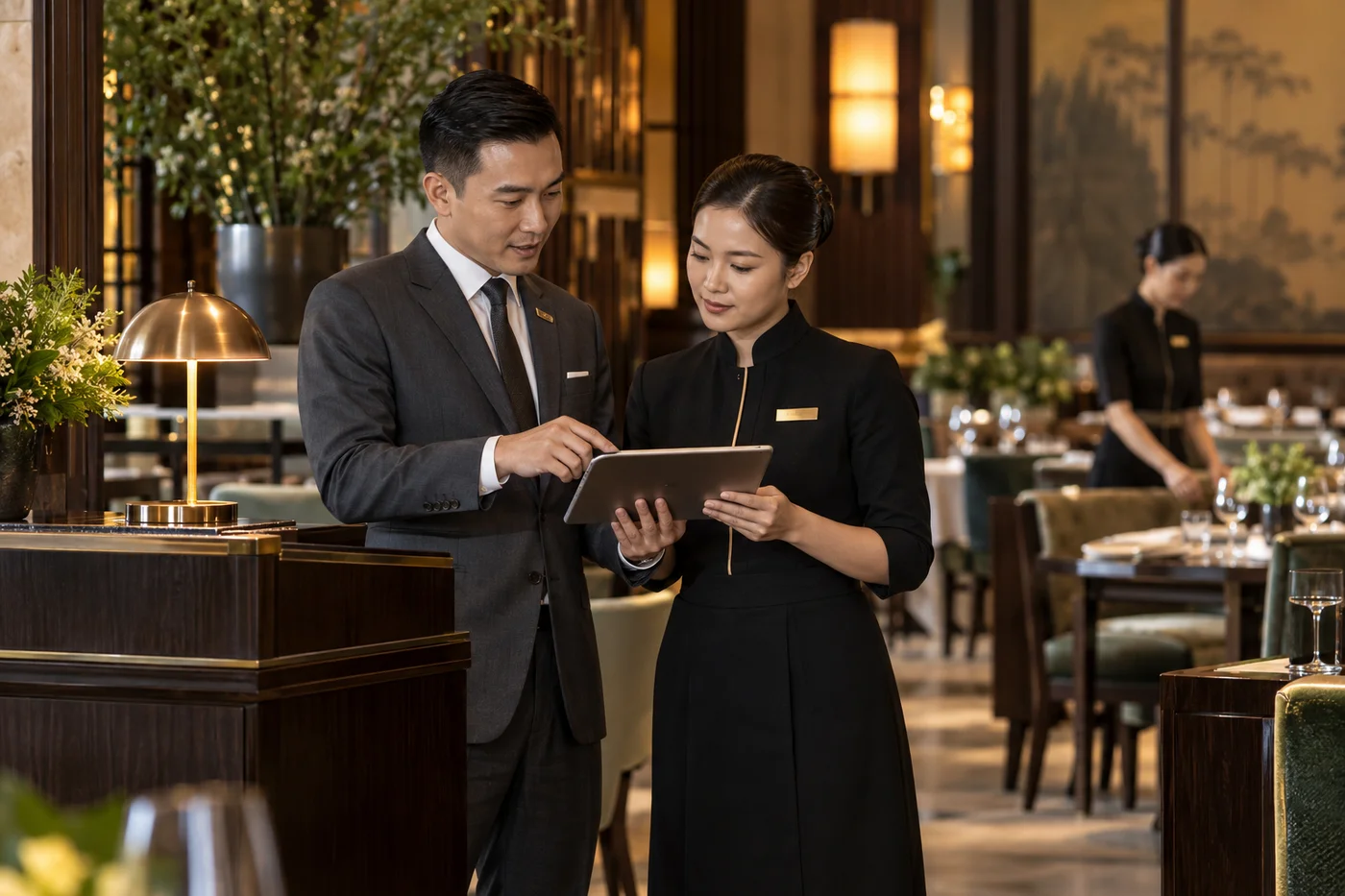 Front Office and restaurant colleagues coordinating hotel service